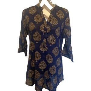 Yuvita Linen Three-Quarter Sleeve Top XXL / 6 Navy Olive Green Graphic Quotidian